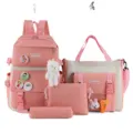 Multi-piece canvas school bag set for students, cute pink backpack and tote bag with plush toys. - Opaque Pink 4-Piece Set with Pendant and Badges