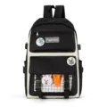 Canvas school backpack black white student book bag with cute plush toy pocket daily casual use - Black Single Backpack