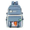 Blue and white canvas school backpack for students with cute rabbit plush and multi pocket design. - Blue Single Backpack