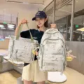 Ensemble sac à dos et sac cabas imprimé élégant pour étudiants, grande capacité, sac d'école. - Ensemble 2 Pièces Avec Pendentif / Vert