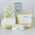 Conjunto de mochila escolar amarilla y blanca con bolso tote y estuche para estudiantes. - Set de tres piezas / Amarillo