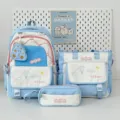 Lindo juego de mochila escolar azul y blanca para estudiantes con bolso tote y estuche - Set de tres piezas / Azul