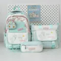 Bonito conjunto de mochila escolar verde menta de tres piezas con bolso y estuche para estudiantes. - Set de tres piezas / Verde