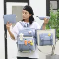 Canvas school backpack set for students, multi-piece blue casual daypack with cute plush pendants. - Opaque Blue 4-Piece Set Without Gifts