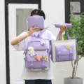 Multi-piece student canvas backpack set in purple with cute pendants for school daily use. - Opaque Purple 4-Piece Set Without Gifts