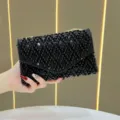 Borsa da sera nera di perle, elegante borsa a tracolla con catena strass per feste. - Nero