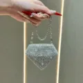 Sparkling crystal evening bag, trendy mini diamond lipstick clutch with silver chain strap. - Crushed Rhinestone Style / Silver