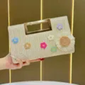Elegante borsa a pochette in paglia con decori floreali e manico in metallo per donne. - Albicocca