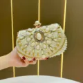 Elegante Perlen Strass Abendtasche, Luxus handgefertigte Braut Handtasche mit Kette für Party. - Champagner