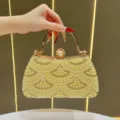 Borsa da sera vintage in perle e strass, elegante borsa a mano con manico in metallo. - Oro