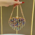 Heart-shaped rhinestone clutch bag, dazzling crystal evening handbag with gold chain strap for women. - Colorful