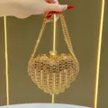 Lussuosa Borsa a Tracolla a Cuore con Strass Borsetta da Sera in Cristallo per Festa - Oro
