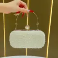 Elegante borsa da sera in perle con manico rotondo in metallo e chiusura di perle brillante. - Argento