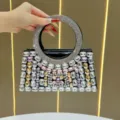 Borsa da sera glamour in strass con manico rotondo di cristallo pochette scintillante donna - Nero
