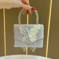 Borsa a mano grigia in velluto con strass e farfalla, elegante pochette da sera. - Grigio