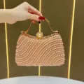 Elegant pearl evening bag with gold metal frame and rhinestone clasp for women weddings. - Champagne