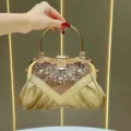 Borsa da sera dorata in strass con manico in metallo, pochette elegante per feste e matrimoni. - Oro