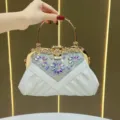 Stupenda borsa da sera bianca in strass con manico dorato elegante pochette in cristallo - Bianco