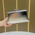Silver metallic evening clutch bag, elegant curved design with metal clasp for women party. - Silver