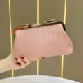 Elegant pink woven clutch bag for women stylish evening handbag with gold metal frame. - Champagne
