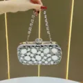 Elegant rhinestone evening clutch bag with sparkling crystal chain strap for parties and banquets. - Silver