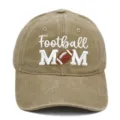Detailed close-up of embroidered baseball cap featuring football mom design, washed cotton fabric. - M / Khaki