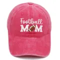 Pink washed cotton baseball cap with embroidered football mom design for outdoor sun protection. - M / Red