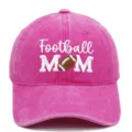 Pink washed baseball cap with embroidered Football MOM letters, casual outdoor sun protection hat. - M / Rose Red