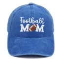 Blue washed cotton baseball cap with Football MOM embroidery, curved brim casual dad hat. - M / Sapphire Blue