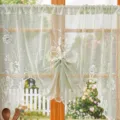 Light green lace short curtain cafe curtain vintage floral embroidered window tier panel - 150*100cm (135g) / Green