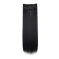 Detail view of the black synthetic long straight hair extension piece with secure clips. - Natural Black 1B