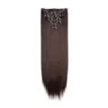 Long straight dark brown synthetic clip-in hair extensions detail view, 16 clips 7 pieces set. - Dark Brown Mixed Auburn