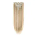 Long straight blonde hair extension detail showing metal clips and smooth synthetic fiber strands. - Light Blonde Highlighted