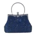 Detailweergave van de elegante donkerblauwe avondtas met kralenborduurwerk en handvat. - 603 Donkerblauw