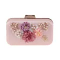 Prachtige elegante roze satijnen avondtas detail met bloem parel takken en gouden frame. - Roze