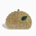 Vintage pailletten kralen avondtasje clutch met elegant pauwenveer patroon en gouden sluiting. - Goud