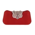 Elegant red glitter evening clutch bag featuring stunning rhinestone crown clasp. - Red
