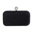 Black pleated evening clutch bag with pearl rhinestone metal clasp for women party wedding - Black
