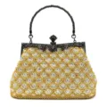Exquisite beaded evening bag detail featuring sparkling gold sequins and metal handle. - Gold