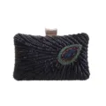 Zwarte pailletten kralen avondtas clutch met pauw veer motief en kristallen sluiting dames - Zwart