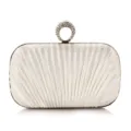 White pleated evening clutch detail view, luxury rhinestone ring handle wedding party bag. - White
