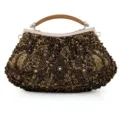 Vintage beaded clutch bag, sequin embroidered evening handbag with wooden handle for women. - Mineral Grey