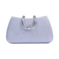 Close-up detail of the sparkling glitter evening clutch bag with rhinestone handle design. - Silver