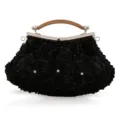 Vintage zwarte kralen clutch handtas met houten handvat en zilveren frame voor dames. - Zwart