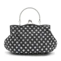 Elegant beaded evening clutch bag with metallic handle and classic clover pattern design. - Dark Blue