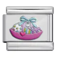 Stainless steel Italian charm link detail view featuring sweet pink basket and blue bow enamel. - Gift Basket Pattern (ICP-JC121-6S)