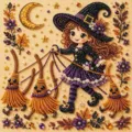 Vista detallada del kit de pintura de diamante bruja de Halloween con cuentas y escoba. - LC-118 / Lienzo Sin Marco 25x25 cm (Bolsa OPP)