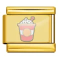 Eslabón de pulsera Italian charm de acero inoxidable dorado con bonito diseño de taza de café rosa. - Patrón de Batido (ICP-JC076-2G) / Paquete de 5 / Dorado