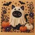Halloween Pintura Diamante Kit DIY Lindo Gato Fantasma Calabaza Abalorios Arte Decor - LC-106 / Lienzo Sin Marco 25x25 cm (Bolsa OPP)