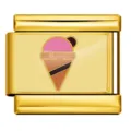 Gold stainless steel Italian charm bracelet link featuring a cute pink ice cream enamel pattern. - Two-Tone Ice Cream Pattern (ICP-JC076-4G)